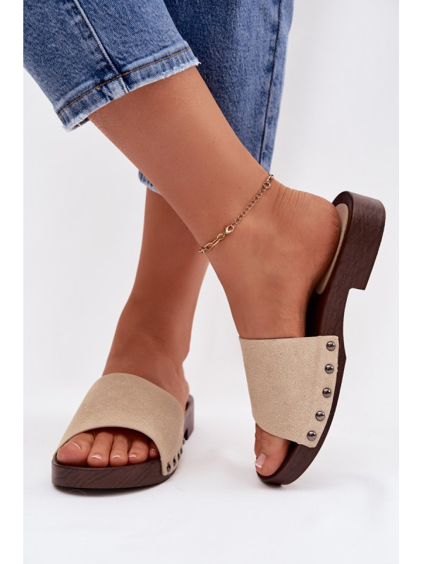Women's Flat Beige Slides With Buckles Amelvessa
