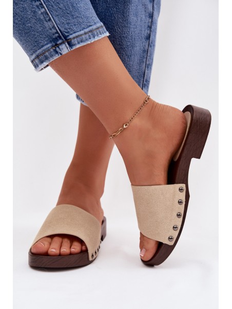 Women's Flat Beige Slides With Buckles Amelvessa