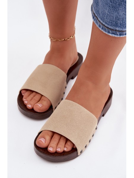 Women's Flat Beige Slides With Buckles Amelvessa