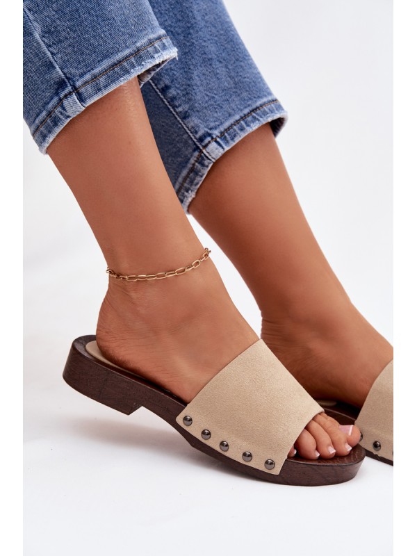 Women's Flat Beige Slides With Buckles Amelvessa
