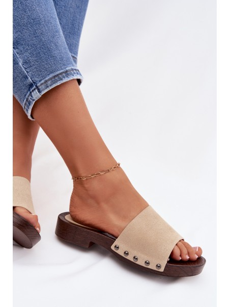 Women's Flat Beige Slides With Buckles Amelvessa