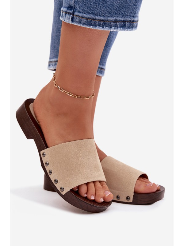 Women's Flat Beige Slides With Buckles Amelvessa