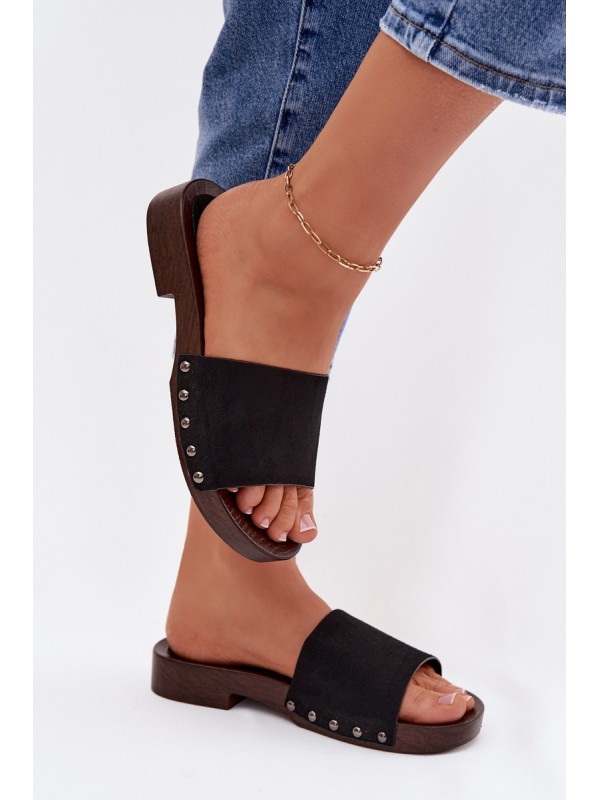 Women's Flat Black Studded Slides Amelvessa