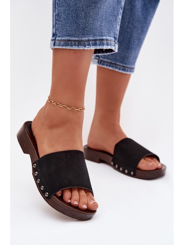 Women's Flat Black Studded Slides Amelvessa