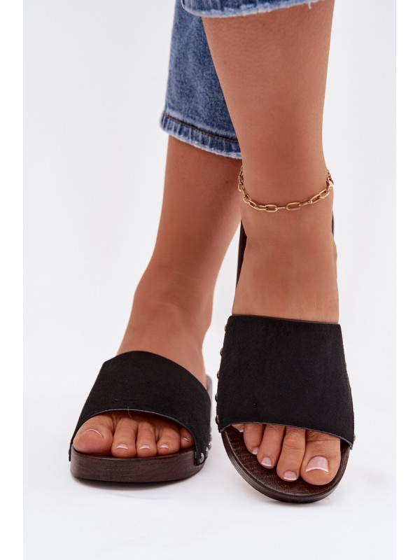 Women's Flat Black Studded Slides Amelvessa