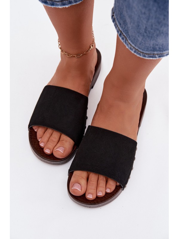 Women's Flat Black Studded Slides Amelvessa