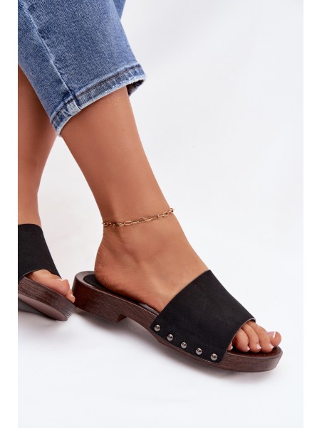 Women's Flat Black Studded Slides Amelvessa