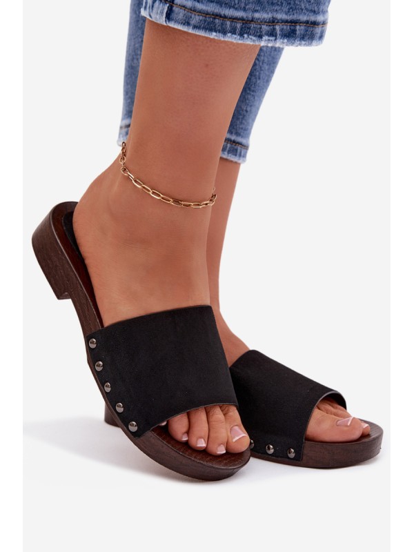 Women's Flat Black Studded Slides Amelvessa