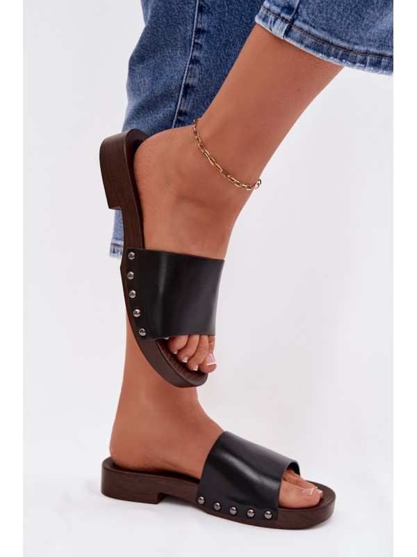 Women's Flat Black Slide Sandals With Buckles Brinalle