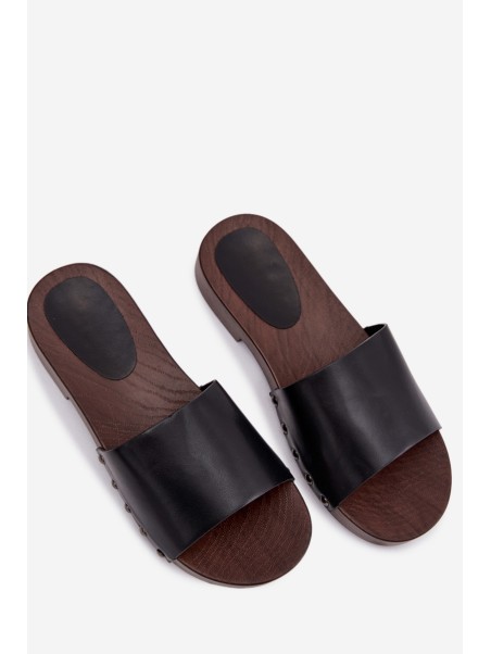 Women's Flat Black Slide Sandals With Buckles Brinalle