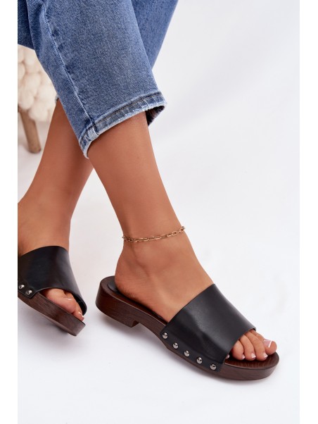 Women's Flat Black Slide Sandals With Buckles Brinalle
