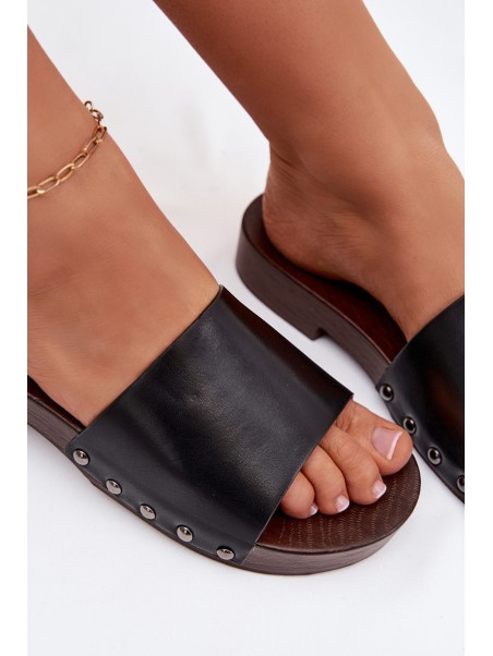 Women's Flat Black Slide Sandals With Buckles Brinalle