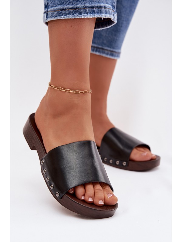 Women's Flat Black Slide Sandals With Buckles Brinalle