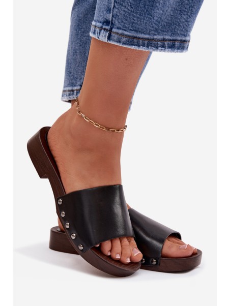 Women's Flat Black Slide Sandals With Buckles Brinalle