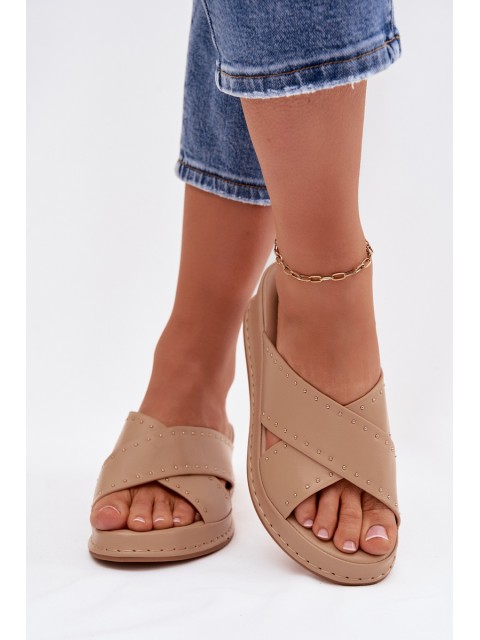 Decorated Women's Platform Sandals Made of Eco Leather Beige Calorissa 2