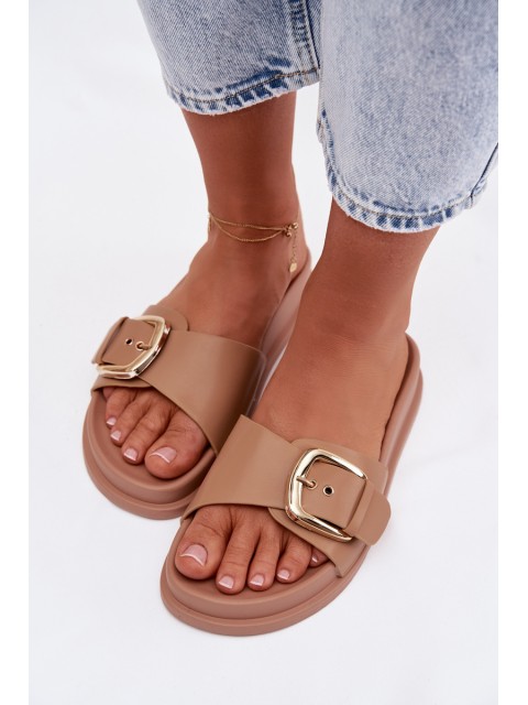 Women's Dark Beige Slides With Gold Buckle Rosivana