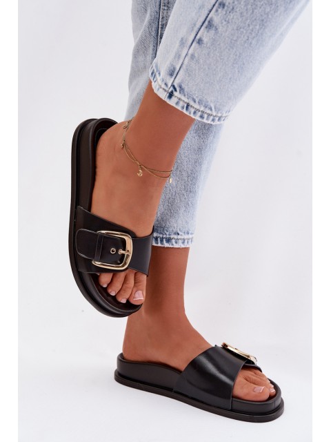 Women's Black Slippers With Gold Buckle Rosivana