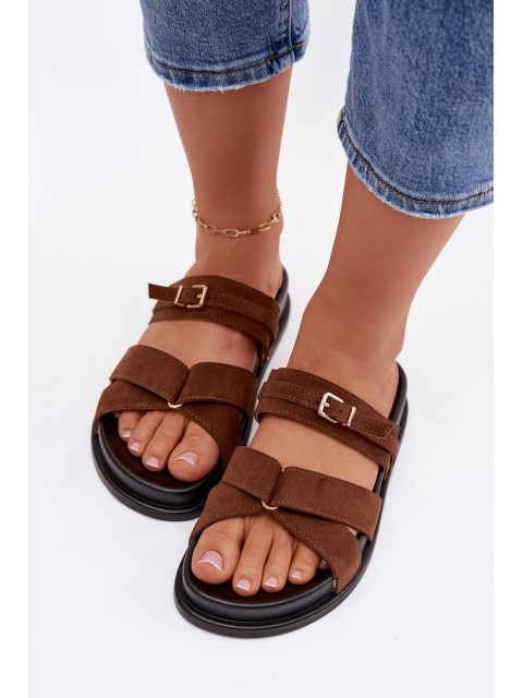 Women's Strappy Brown Slide with Gold Buckle Selorina 2