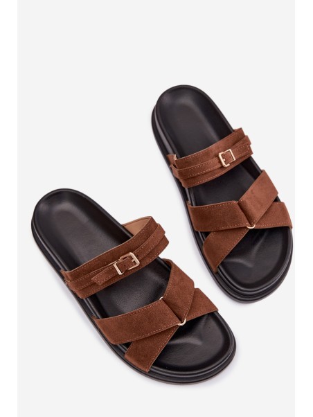 Moteriškos rudos spalvos šlepetės su dirželiais ir auksine sagtimi „Selorina“