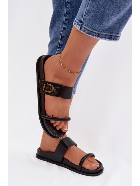Women's Black Slides With Gold Buckle Sarilisse