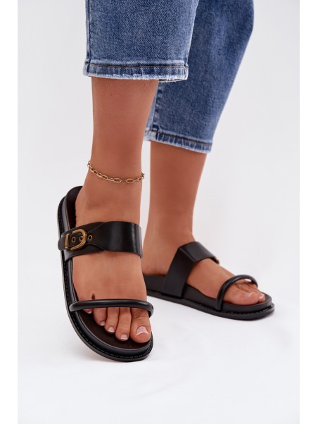 Women's Black Slides With Gold Buckle Sarilisse