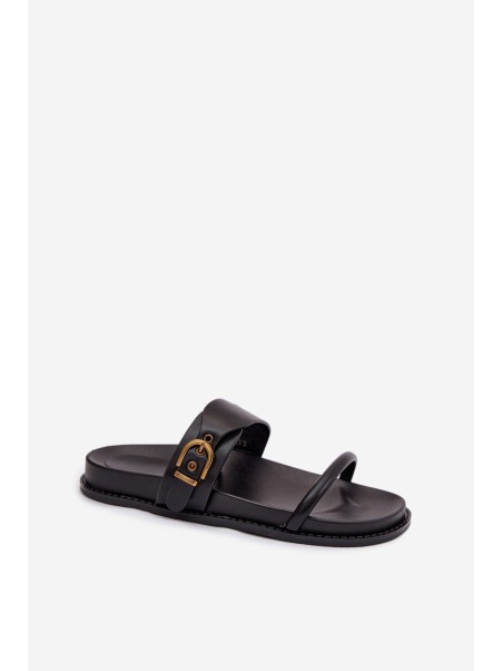 Women's Black Slides With Gold Buckle Sarilisse