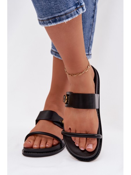 Women's Black Slides With Gold Buckle Sarilisse