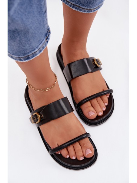 Women's Black Slides With Gold Buckle Sarilisse