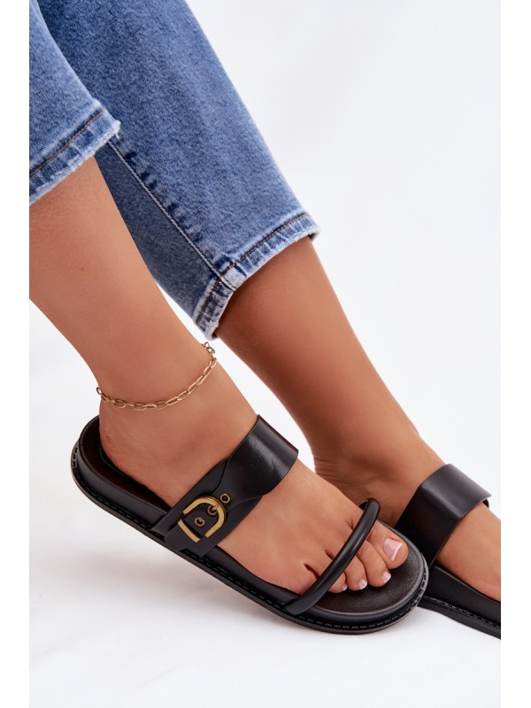Women's Black Slides With Gold Buckle Sarilisse