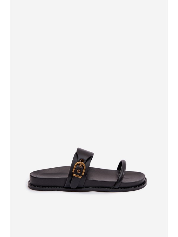 Women's Black Slides With Gold Buckle Sarilisse