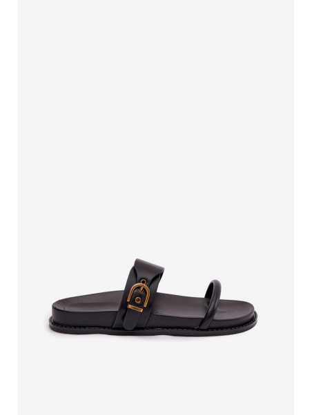 Women's Black Slides With Gold Buckle Sarilisse