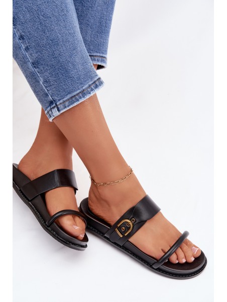 Women's Black Slides With Gold Buckle Sarilisse