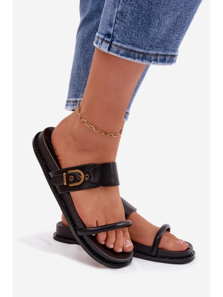 Women's Black Slides With Gold Buckle Sarilisse