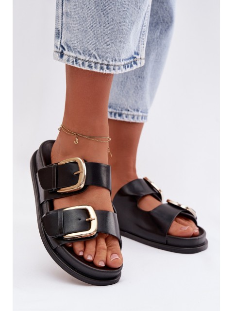 Women's Eco Leather Slippers With Gold Clips Black Tervessa 2