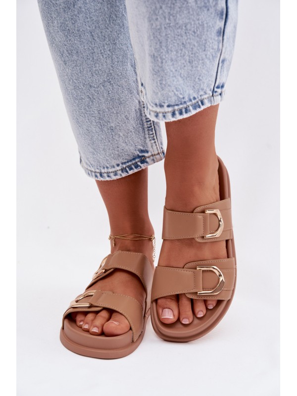 Eco Leather Women's Slides With Straps Dark Beige Rosinessa