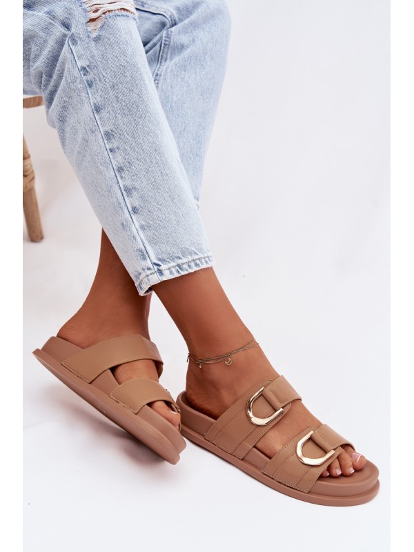 Eco Leather Women's Slides With Straps Dark Beige Rosinessa