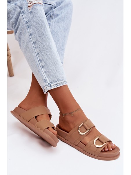 Eco Leather Women's Slides With Straps Dark Beige Rosinessa