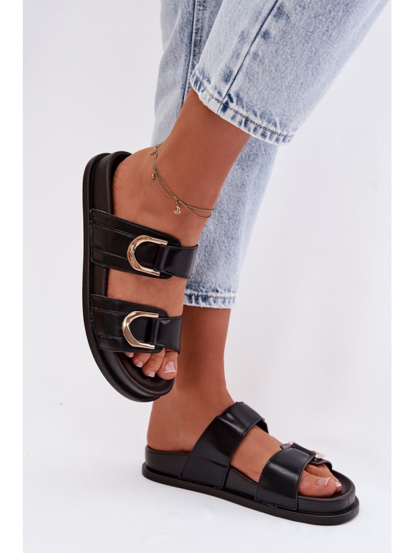 Eco Leather Women's Flat Black Slides With Straps Rosinessa