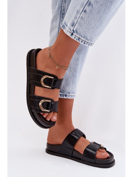 Eco Leather Women's Flat Black Slides With Straps Rosinessa