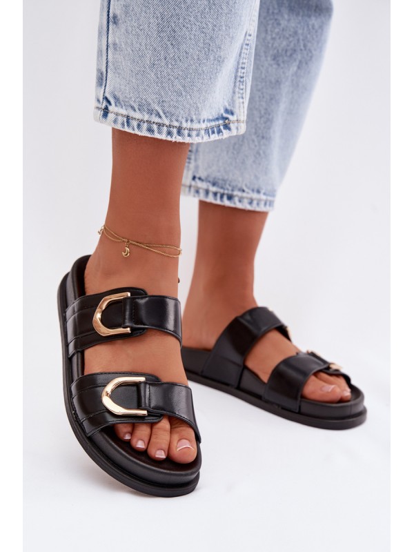 Eco Leather Women's Flat Black Slides With Straps Rosinessa