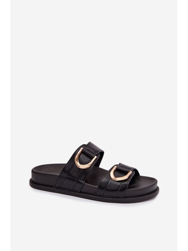 Eco Leather Women's Flat Black Slides With Straps Rosinessa