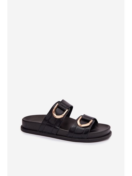 Eco Leather Women's Flat Black Slides With Straps Rosinessa