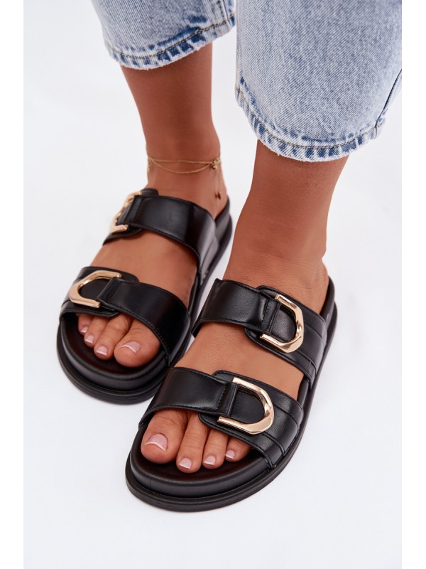 Eco Leather Women's Flat Black Slides With Straps Rosinessa