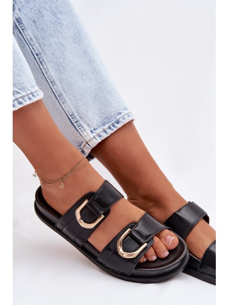 Eco Leather Women's Flat Black Slides With Straps Rosinessa