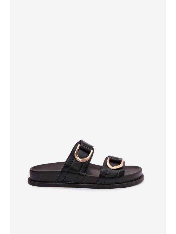 Eco Leather Women's Flat Black Slides With Straps Rosinessa