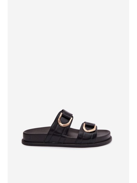 Eco Leather Women's Flat Black Slides With Straps Rosinessa