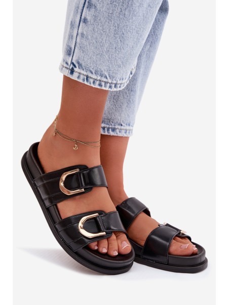 Eco Leather Women's Flat Black Slides With Straps Rosinessa