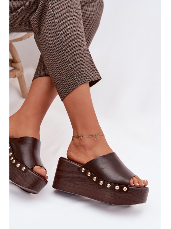 Women's Platform and Wedge Sandals With Gold Studs Chocolate Farinelle
