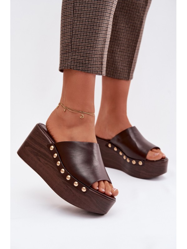 Women's Platform and Wedge Sandals With Gold Studs Chocolate Farinelle