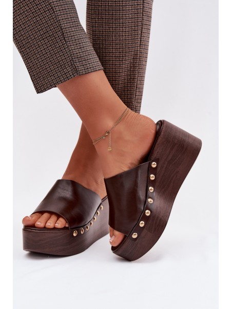 Women's Platform and Wedge Sandals With Gold Studs Chocolate Farinelle